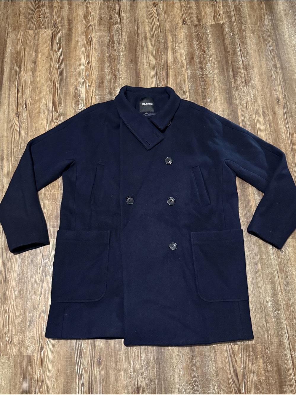 Madewell City Grid Double Breasted Pea Coat Women's 14 Long Fit in Navy Blue